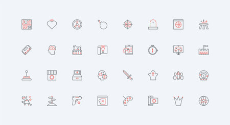 Video game for leisure, esport line icon set. Controller and gadget, strategy and mindset of gamer, genre of electronic and online games thin black and red outline symbols vector illustrationのイラスト素材