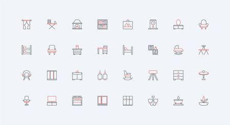 Furniture and decoration, appliances for office, home interior of bedroom and lounge, bathroom line icon set. Closet and wardrobe, sofa and chair thin black and red outline symbols vector illustrationのイラスト素材