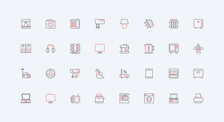 Electrical appliances for home living room and bedroom, kitchen and bathroom, laundry line icon set. Modern household devices, computer, laptop thin black and red outline symbols vector illustrationのイラスト素材