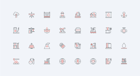 Power energy, oil and gas, coal industry, manufacturing line icon set. Chemical, petrochemical factory and machinery, foundry, electricity thin black and red outline symbols vector illustrationのイラスト素材
