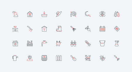 Gardening, garden tools for plant growing from seeds line icon set. Gardeners boots and hat, bucket, insect spray and herbicide, barn and fence thin black and red outline symbols vector illustrationのイラスト素材