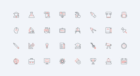 School and university education, stationery and books for students to study line icon set. Globe and backpack, blackboard in classroom, diploma thin black and red outline symbols vector illustrationのイラスト素材