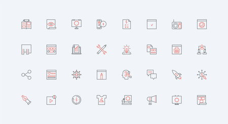 Marketing, news and advertising brand campaign in social media, billboard and mass media line icon set. Megaphone, representative influence thin black and red outline symbols vector illustrationのイラスト素材