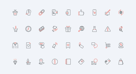 Online store, launch of sales rocket, customer support service line icon set. Discount coupon, label tag and wallet, mobile app for payment thin black and red outline symbol vector illustrationのイラスト素材