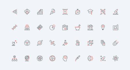 Science, biotechnology and physics, chemical and space research, engineering line icon set. Scientific experiment, genetics and pharmacy thin black and red outline symbols vector illustrationのイラスト素材