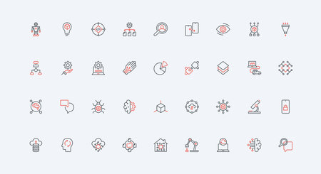 AI and smart technology, machine learning, engineering and system with artificial intelligence line icon set. Digital brain, gear and microchip thin black and red outline symbols vector illustrationのイラスト素材