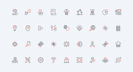 Big data, machine learning, algorithm and structure visualization with AI line icon set. Automatic processes of servers, smart solution and model thin black and red outline symbols vector illustrationのイラスト素材