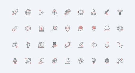Space exploration, science of astronomy and space travel to planets and stars line icon set. Astronaut, spaceship, asteroid and satellite in orbit thin black and red outline symbol vector illustrationのイラスト素材