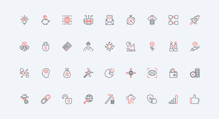 Defi, decentralized finance, fintech security and crypto money, mining line icon set. Futuristic open service protocol, P2P, digital data pack thin black and red outline symbols vector illustrationのイラスト素材