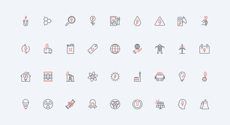 Electricity production, types of alternative energy sources line icon set. Wind turbine and solar panel, oil and gas, battery, sustainable plant thin black and red outline symbols vector illustrationのイラスト素材