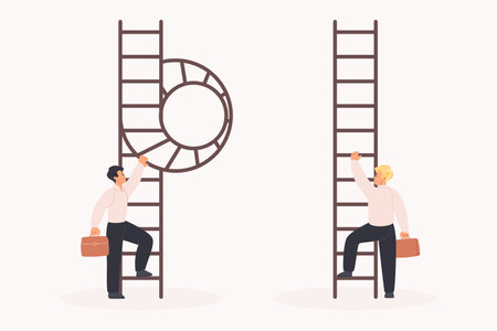 Business leadership challenge in easy and difficult way, career ladder strategy. Tiny people with briefcases of businessman choose path to goal with obstacles and easy cartoon vector illustrationのイラスト素材