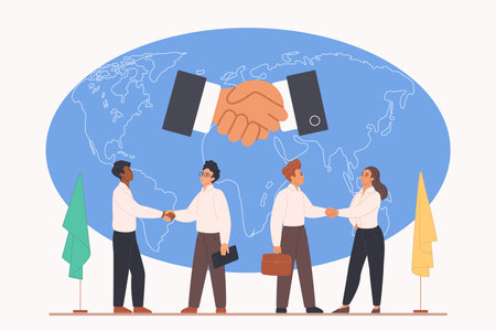 International meeting of diplomats, strategic business agreement and partnership, globalization. Handshake of tiny politicians, investors or ambassadors at world map cartoon vector illustrationのイラスト素材