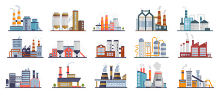 Vector illustration of various industrial factory buildings with unique architectural designs and equipment, representing different sectors of manufacturing, production, and processing industriesのイラスト素材