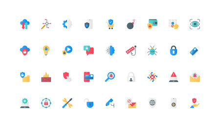Online data storage and transfer security, privacy protection, cybersecurity color icon set. Secure firewall and antivirus protect, control confidential information flat elements vector illustrationのイラスト素材