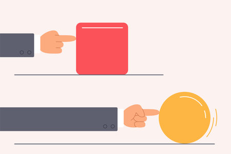 Efficiency of business leaders solution, easy way to solve problem. Hands of employees move cube and sphere with different efforts, businessman with ball wins competition cartoon vector illustrationのイラスト素材