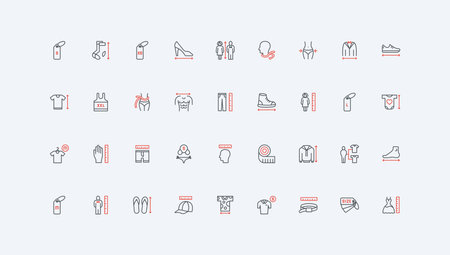 Clothes size measurement, guide line icon set. Arrows and chart, measuring tape to measure human body, waist and neck circumference, height thin black and red outline symbols vector illustrationのイラスト素材