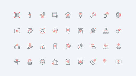 Gear system control, maintenance and repair, operation and settings modification line icon set. Cogwheel and tool, financial growth, tech support thin black and red outline symbols vector illustrationのイラスト素材