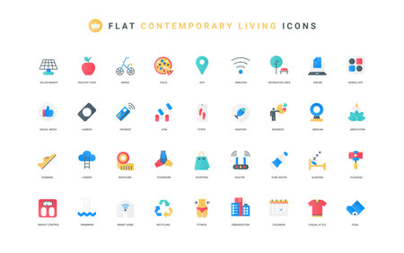Modern active lifestyle in city, infrastructure and healthy habits, fitness for weight control color icon set. Calendar of events, sleep and workout, yoga meditation flat elements vector illustrationのイラスト素材