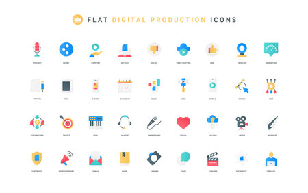 Production of digital content for online blog, vlog, mobile player app color icon set. Devices to record, edit sound and video, post for likes in social media flat elements vector illustrationのイラスト素材