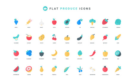 Vegetable, fruit and berry color icon set. Watermelon orange tomato potato pumpkin cucumber peach mango pineapple eggplant broccoli olive mushroom chili pepper flat elements vector illustrationのイラスト素材