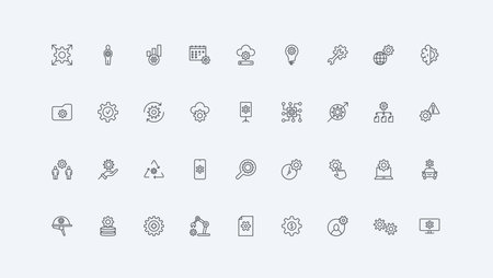 Cogwheel and tool, financial growth, tech support thin black outline symbols vector illustration. Gear system control, maintenance and repair, operation and settings modification line icon setのイラスト素材