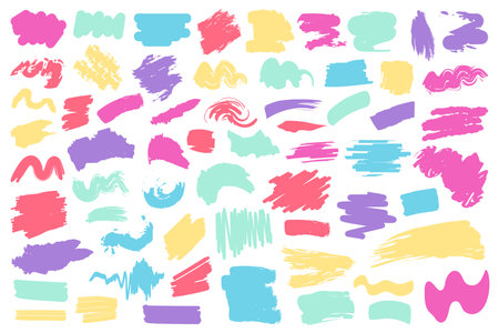 Big set of colorful hand painted various shapes, curls, forms, brush strokes and doodle objects. Abstract modern minimalist trendy vector illustration with grunge texture.のイラスト素材