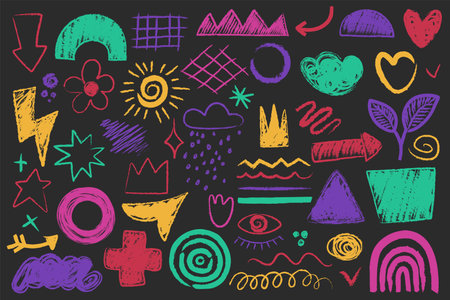 Abstract doodle colorful chalk shapes, childish hand drawn stickers set. Pastel crayon, pencil sketch collection with kids naive paintings, heart and scribbles, rainbow and arrow vector illustrationのイラスト素材