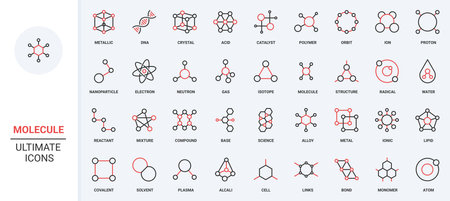 Atom and molecule in chemistry and physics, model of chemical compound formula line icon set. Spheres of particles connect to structure, network thin black and red outline symbols vector illustrationのイラスト素材