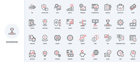 Business project and enterprise, ideas and communications in workflow line icon set. System structure and plan, strategy for results growth thin black and red outline symbols vector illustrationのイラスト素材