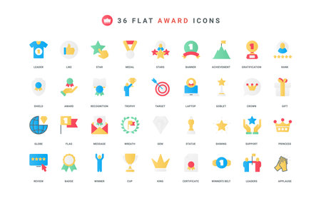 Awards for leader achievement, winners gold cup and medal, victory prizes color icon set. Success challenge and leadership, star and crown, wreath, hit target flat elements vector illustrationのイラスト素材