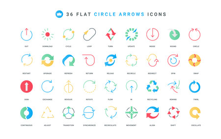 Circular arrows, progress buttons and round charts color icon set. Loop and curved arrows to rotate and repeat, reload and refresh process, spinning triangles flat elements vector illustrationのイラスト素材