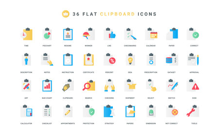 Document on clipboard with check mark and cross on list, checklist form color icon set. Office board with light, bulb and calculator, survey, questionnaire complete flat elements vector illustrationのイラスト素材