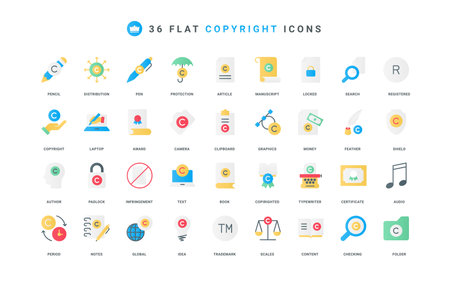 Trademark content and brand copyright, patent protection, intellectual property and trade secret color icon set. Legal guarantee for author ownership, certificate flat elements vector illustrationのイラスト素材