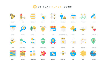 Bee honey food and medicine, cosmetics, beehive and beekeeper in protective suit color icon set. Bee protection, apiary location, honey quality mark from laboratory flat elements vector illustrationのイラスト素材