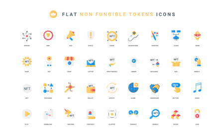 Art painting gallery, gaming, blockchain thin symbols vector illustration. Non fungible token of future, NFT shop market and auction to buy and sell, exchange flat icon setのイラスト素材