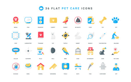 Pet care, veterinary support for animal health and training, vet vaccine and tools color icon set. Hand with paw print, award and doghouse, excrement warning sign flat elements vector illustrationのイラスト素材