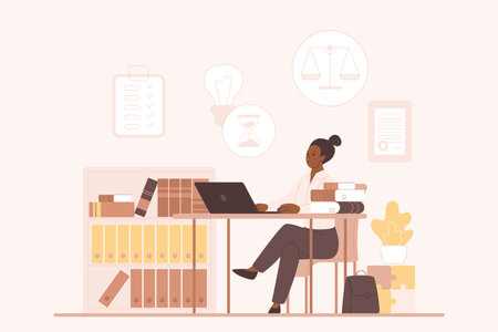 Legal advices, notary assistance, attorney professional consultation. Female lawyer working with documents and laptop, sitting at office table, lawyers license on wall cartoon vector illustrationのイラスト素材