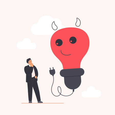 Bad idea, wrong information and error for business problem, solution management. Tiny businessman thinking about devil light bulb with red face to choose decision cartoon vector illustrationのイラスト素材