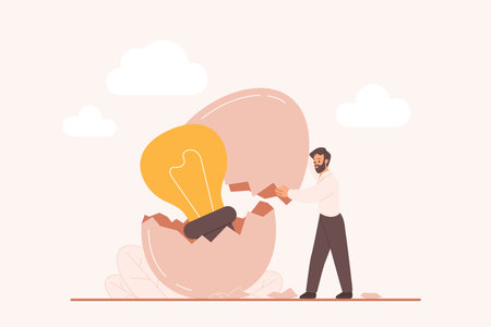 New business startup, creative invention and brand project innovation, idea incubator. Tiny businessman opening cracked egg shell to find light bulb, smart solution inside cartoon vector illustrationのイラスト素材