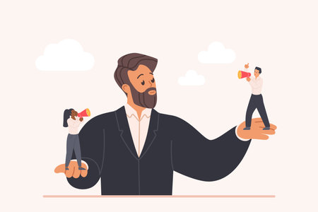 Employee voice and opinion listening, office meeting. Big boss holding two tiny people to listen ideas and facts, choose between lie and truth, workers shout into megaphone cartoon vector illustrationのイラスト素材