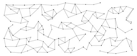 Abstract network of intersecting black lines and dots forming a chaotic geometric grid on a white...