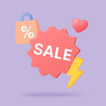 Bright 3d sale badge with percent shopping bag heart and lightning for discounts promotions marketing campaigns and ecommerce banners on purple background vector illustrationのイラスト素材
