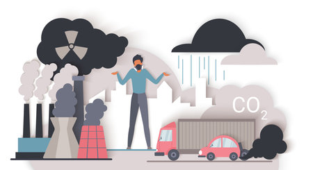Man wearing mask surrounded by factory smoke, car emissions, dark clouds, and CO2 symbols, highlighting urban air pollution and environmental health risks vector illustrationのイラスト素材