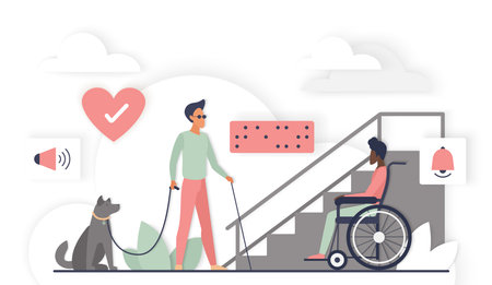 Disability inclusion and accessibility support visual showing blind person with guide dog and wheelchair user near stairs, highlighting care, awareness, and assistance needs vector illustrationのイラスト素材
