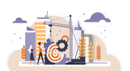 Teamwork constructing target and gears with crane in modern cityscape, symbolizing business growth, planning, and achievement under cloud shadow concept vector illustrationのイラスト素材