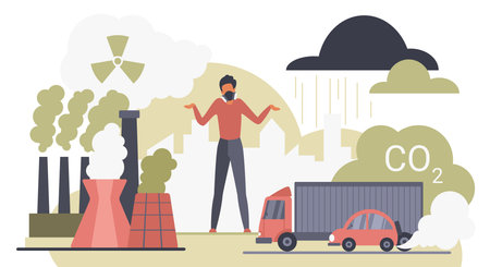 Person wearing mask surrounded by factory smoke, vehicles, and pollution clouds highlighting environmental issues, carbon emissions, and health risks vector illustrationのイラスト素材
