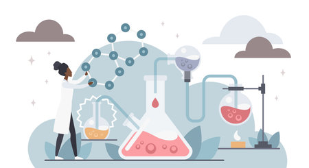 Female scientist working in laboratory with glassware, molecular structure, and chemical reactions, perfect for education, research, science concepts isolated on white background vector illustrationのイラスト素材