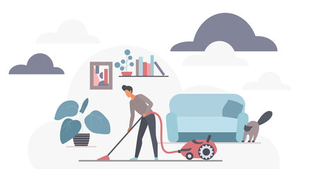 Person cleaning modern living room with vacuum cleaner, surrounded by plants, furniture, cat, and decorative clouds, perfect for home hygiene and housekeeping concepts vector illustrationのイラスト素材