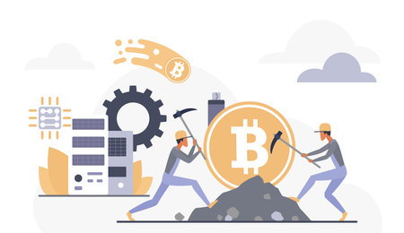Digital miners working pickaxes bitcoin coin servers cloud elements represent cryptocurrency mining blockchain technology digital finance isolated white background vector illustration.のイラスト素材