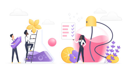 Modern concept of fragrance development showing people with perfume bottle, laboratory flask, flowers, citrus, and checklist for scent formulation isolated on white background vector illustrationのイラスト素材